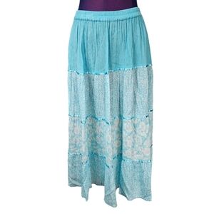 Cathy Daniels Aqua White Floral Tiered Crinkle Peasant Midi Skirt Size Small U12